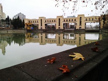 Reflection of buildings in puddle on lake