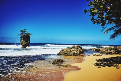 Scenic view of sea against clear blue sky