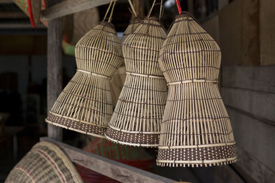 Close-up of clothes hanging on clothesline at market