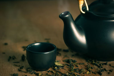 Close-up of tea cup on table