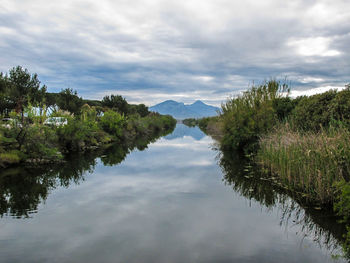 Scenic view of lake and mountains against sky