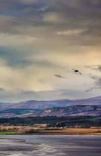 Airplane flying over landscape against sky