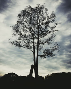 Silhouette woman standing by tree against sky