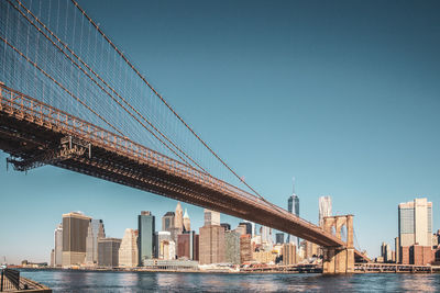 View of suspension bridge with city in background