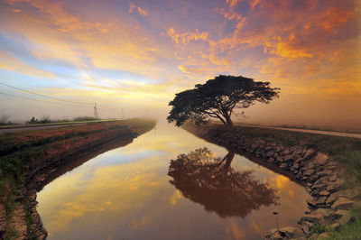 Canal amidst field against cloudy sky during sunset