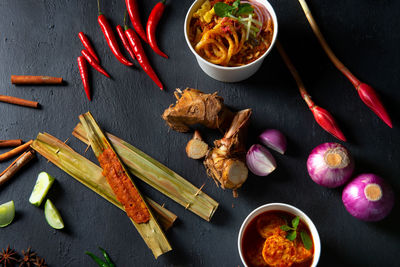 High angle view of chopped vegetables in bowl on table