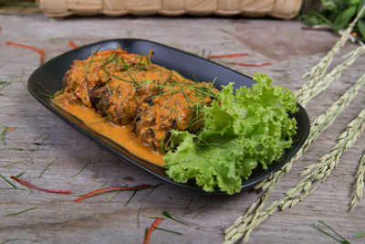 High angle view of food in plate on table