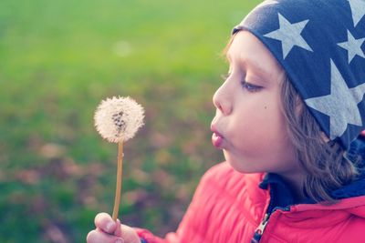 Close-up of girl blowing dandelion flower