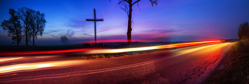 Light trails on road at night