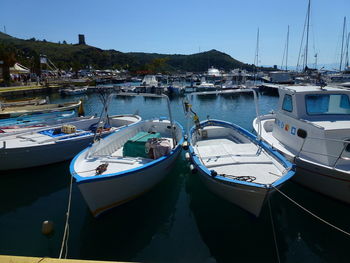 Motor- and sailboats moored at harbor