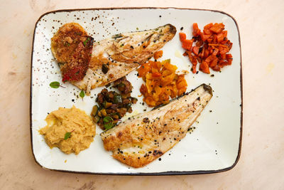 High angle view of food in plate on table