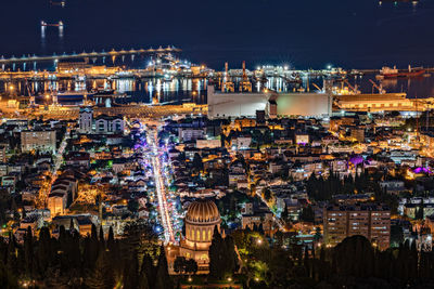 High angle view of city buildings at night