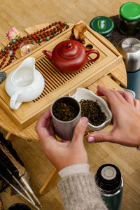 High angle view of food on table