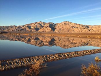 Scenic view of lake and mountains against blue sky