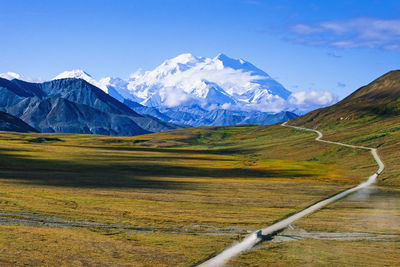 Scenic view of snowcapped mountains against sky