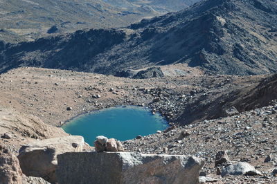 High angle view of lake and rocks