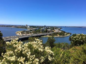 Scenic view of sea against clear blue sky