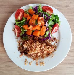 High angle view of meal served on table