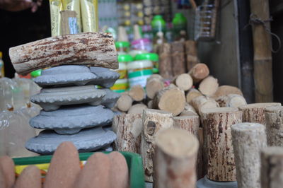 Close-up of stack for sale at market stall