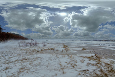 Scenic view of snow covered land against sky