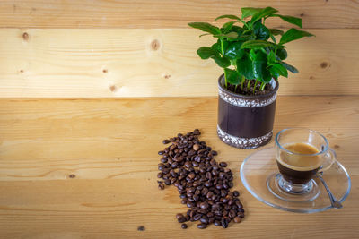 High angle view of coffee beans on table