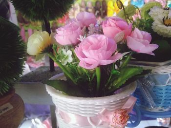 High angle view of pink flower pot