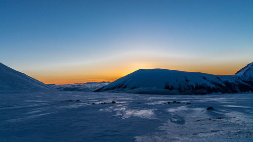 Scenic view of snowcapped mountain against sky during sunset