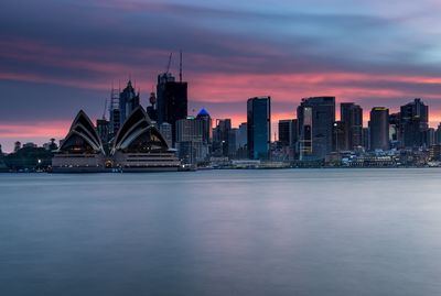 View of modern buildings at sunset