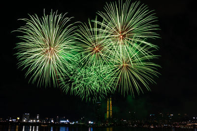 Low angle view of green firework display at night over a river with buildings behind