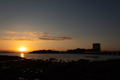 Silhouette buildings by sea against sky during sunset