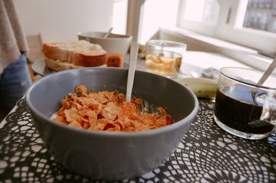 Close-up of breakfast served on table