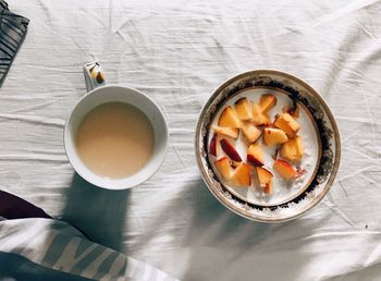 High angle view of breakfast on table