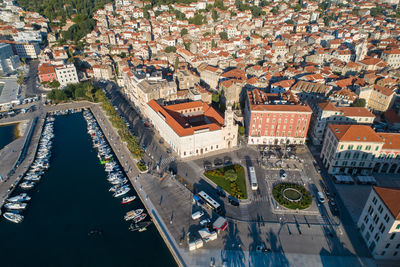 High angle view of buildings in town