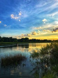 Scenic view of lake against sky at sunset