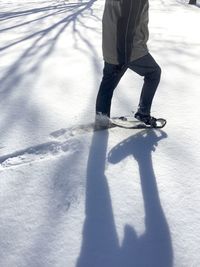 Low section of person walking on snow