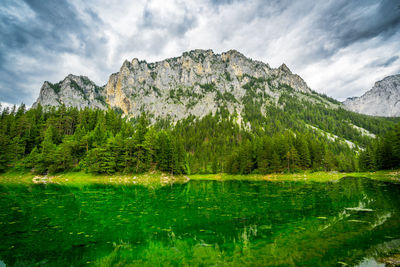 Scenic view of lake and mountains against sky