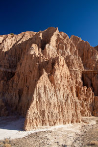 Rock formations by sea against clear blue sky