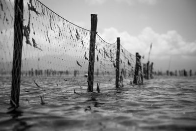 Close-up of net in water against sky