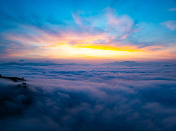 Aerial view of sea against sky during sunset