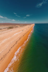 Panorama from above to the sandy sunny beach, turquoise sea and blue sky with clouds.