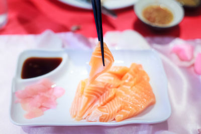 Close-up of sushi served on table
