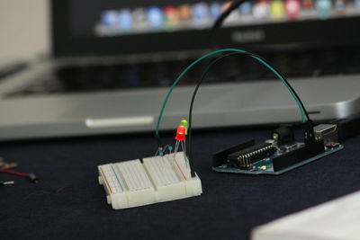 Close-up of arduino on table