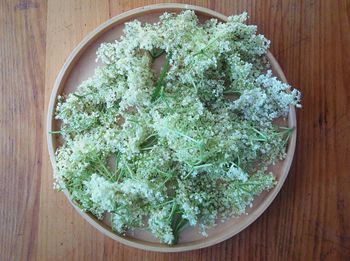 High angle view of salad in bowl on table