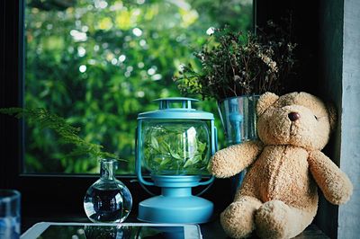 Close-up of toy by glass window on table against trees