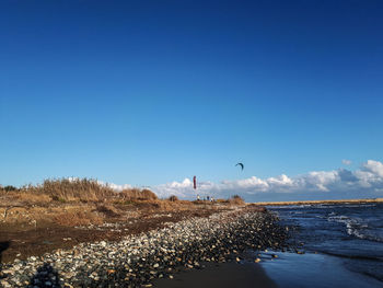 Scenic view of beach against blue sky with kite