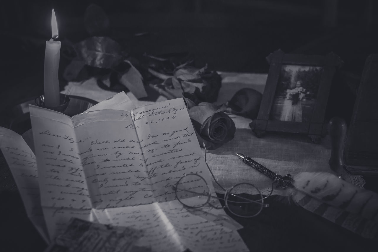 HIGH ANGLE VIEW OF BOOK ON TABLE