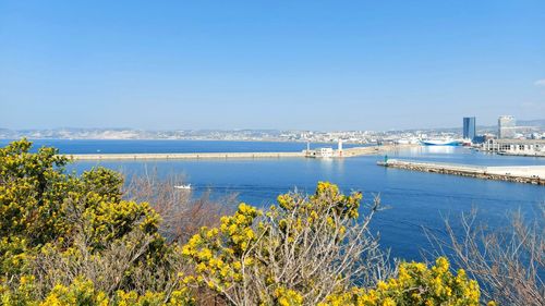 Scenic view of sea against clear blue sky