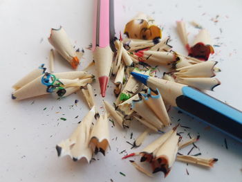 High angle view of colored pencils on table