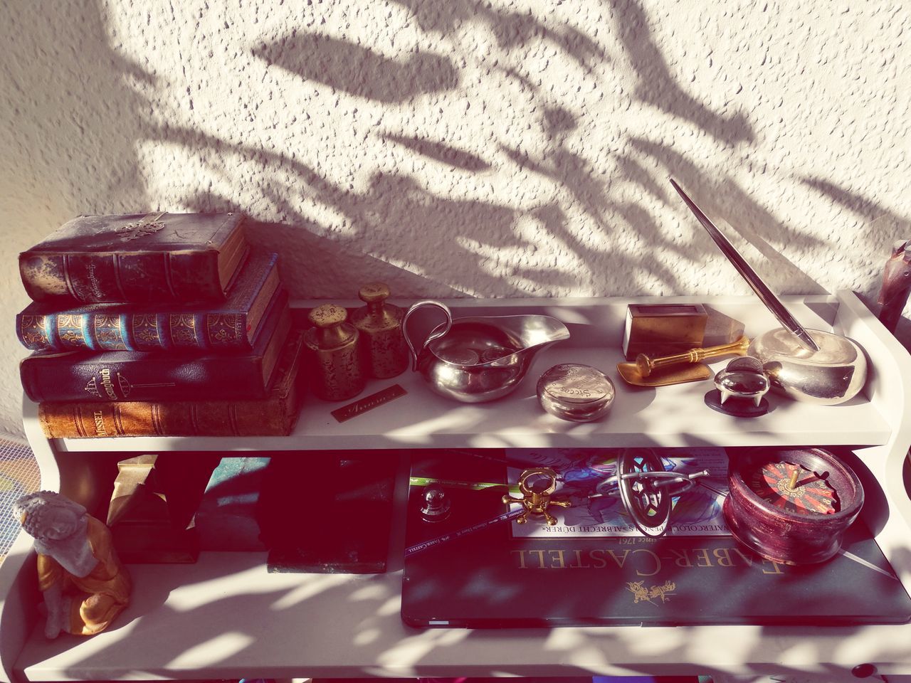 container, still life, no people, large group of objects, high angle view, table, close-up, indoors, sunlight, variation, choice, jewelry, shadow, perfume, nature, box, collection, day, pattern, wealth, blister pack, luxury