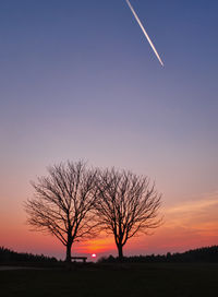 Silhouette bare tree on field against sky during sunset